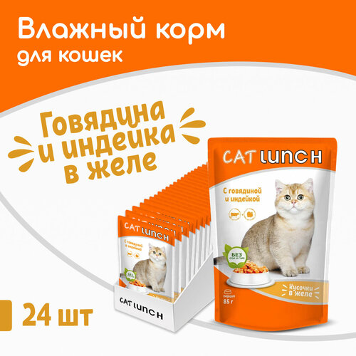 Влажный корм Cat Lunch кусочки в желе с говядиной и индейкой для кошек, пауч 85гх24шт фотография