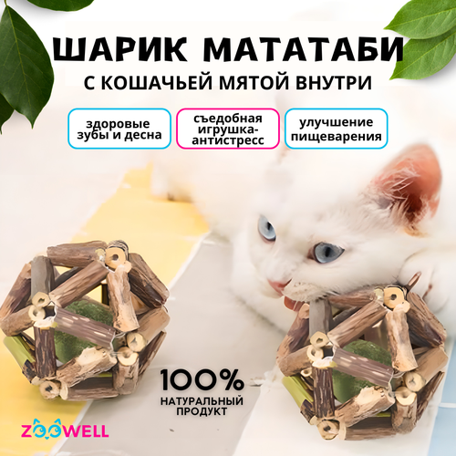 Игрушка для кошек ZooWell шар из палочек Мататаби Actinidia polygama для чистки зубов с кошачьей мятой 6см фотография