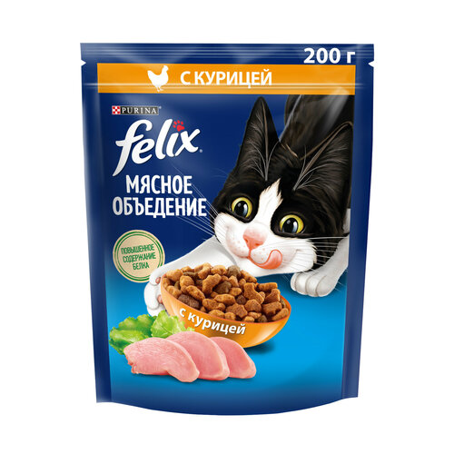 Сухой корм для взрослых кошек Felix Мясное объедение, с курицей 200 г фотография