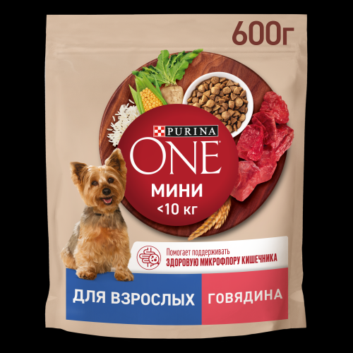 Сухой корм для взрослых собак Purina One Adult мелких и карликовых пород при активном образе жизни с говядиной и рисом 600 г фотография