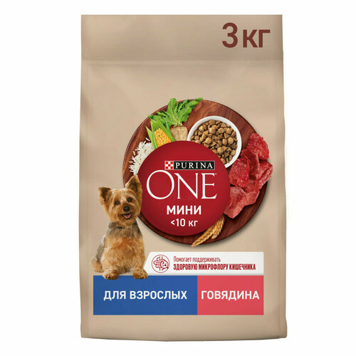 Purina One Мини сухой корм для взрослых собак мелких пород, с высоким содержанием говядины и рисом - 3 кг фотография