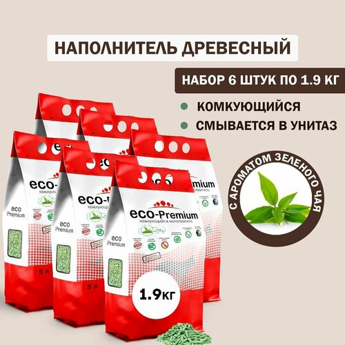 Наполнитель для кошачьего туалета комкующийся древесный ECO Premium Зеленый чай 6шт х 1.9кг фотография