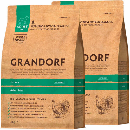 GRANDORF SINGLE GRAIN DOG ADULT MAXI TURKEY низкозерновой для взрослых собак крупных пород с индейкой (3 + 3 кг) фотография