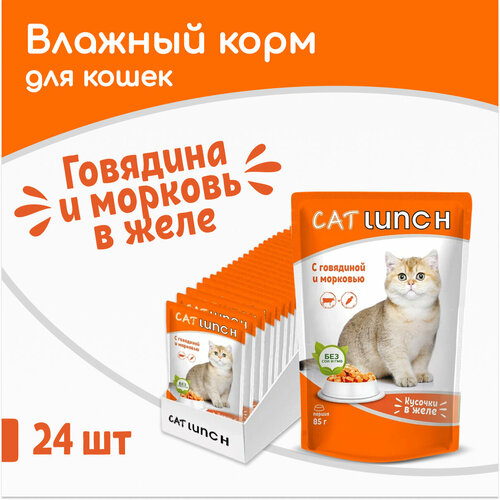 Влажный корм Cat Lunch кусочки в желе Говядина и Морковь для кошек, пауч 85гх24шт фотография