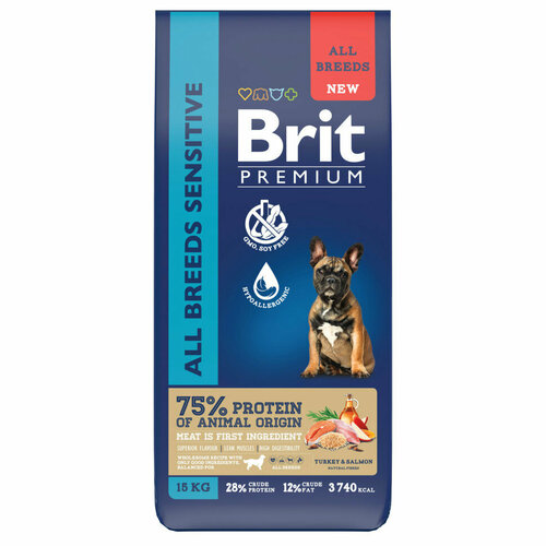 Brit Premium Dog Adult Sensitive сухой корм для взрослых собак всех пород с чувствительным пищеварением, с индейкой и лососем - 15 кг фотография