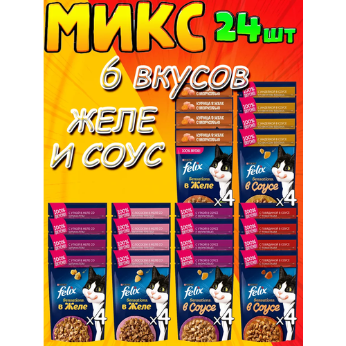 Микс 6 вкусов Феликс Sensations в соусе и желе, для взрослых - 24 штуки фотография