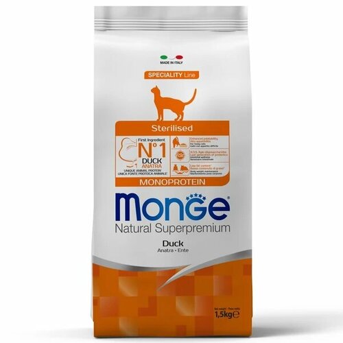 Сухой корм для кошек Monge Natural Superpremium Cat Monoprotein Sterilised Duck корм для стерилизованных кошек с уткой 1,5 кг фотография