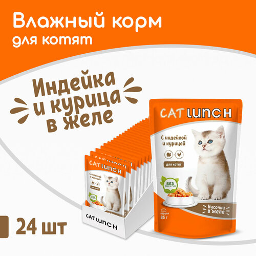 Влажный корм Cat Lunch кусочки в желе с индейкой и курицей для котят, пауч 85гх24шт фотография