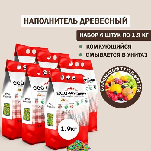 Наполнитель для кошачьего туалета комкующийся древесный ECO Premium Тутти Фрутти 6шт х 1.9кг фотография