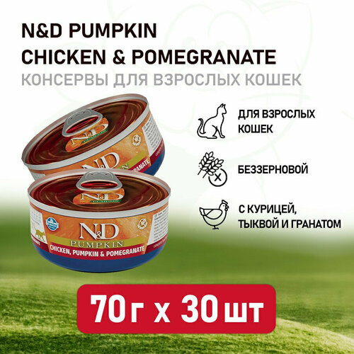 Farmina N&D Cat Chicken, Pumpkin & Pomegranate влажный беззерновой корм для взрослых кошек с тыквой, курицей и гранатом - 70 г х 30 шт фотография