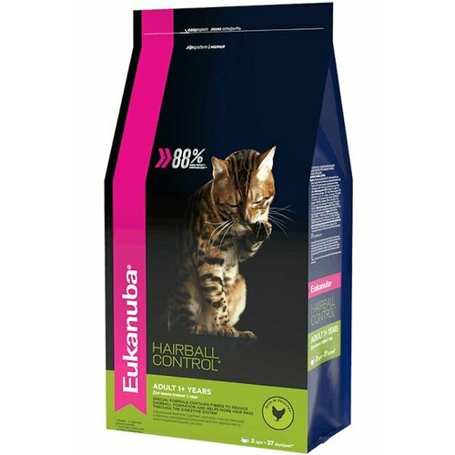 EUKANUBA ADULT HAIRBALL INDOOR 2кг сухой корм для взрослых кошек живущих в помещении и способствующий выведению шерсти с домашней птицей 5шт фотография