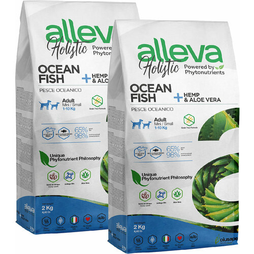 ALLEVA HOLISTIC ADULT DOG MINI OCEAN FISH беззерновой для взрослых собак маленьких пород с океанической рыбой, коноплей и алоэ вера (2 + 2 кг) фотография