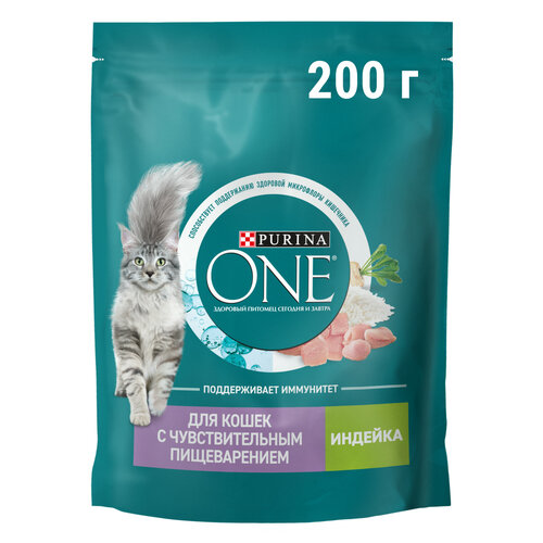 Сухой корм Purina ONE® для взрослых кошек с чувствительным пищеварением и разборчивым вкусом в еде с индейкой 200 г фотография