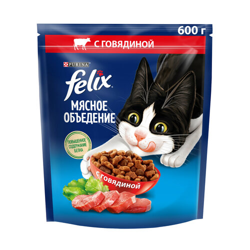 фотография Сухой корм для взрослых кошек Felix Мясное объедение, с говядиной 600 г, купить онлайн 402 рубл