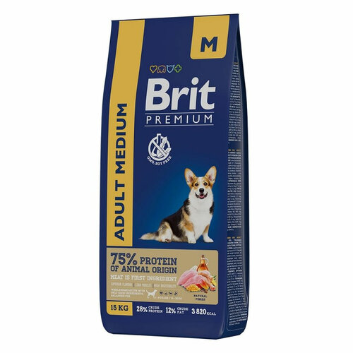 Brit PREMIUM DOG ADULT MEDIUM С курицей для взрослых собак средних пород 15КГ фотография