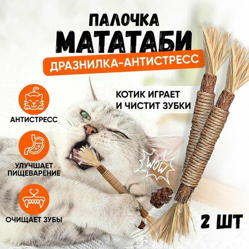 Игрушка для кошек натуральная палка из дерева Мататаби, Для кота кошки и котят, жевательная игрушка для чистки зубов, 2 шт фотография