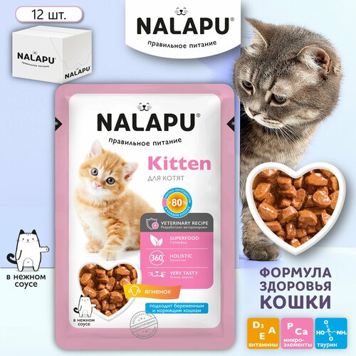 Корм для котят влажный NALAPU Kitten полнорационный консервированный корм для котят, сочные кусочки с ягненком в нежном соусе,12шт. по 77г фотография