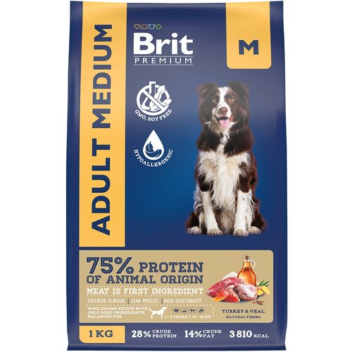 Корм сухой Brit Premium Dog Adult Medium для взрослых собак средних пород 10–25 кг, с индейкой и телятиной 1 кг фотография