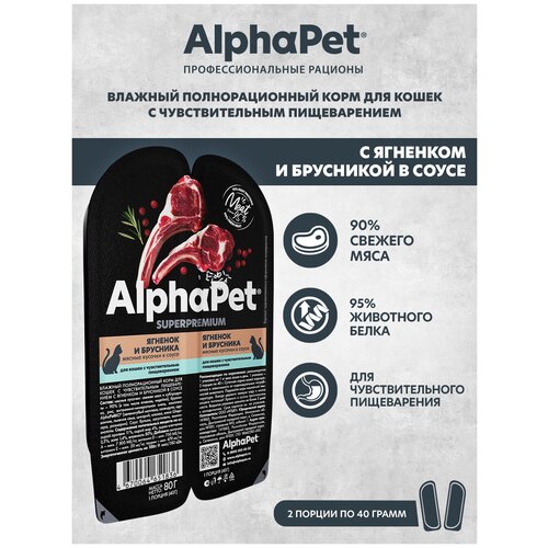 фотография Влажный корм для кошек с чувств. пищеварением AlphaPet Superpremium Ягненок и брусника мясные кусочки в соусе 80г (Упаковка - 15 блистеров), купить онлайн 950 рубл