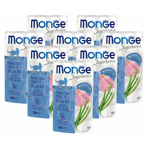 MONGE SUPREME CAT STERILISED для взр каст кот и стери кошек с тунц, кефал, зел фасолью пауч 80гр NEW 80 гр х 8 шт фотография