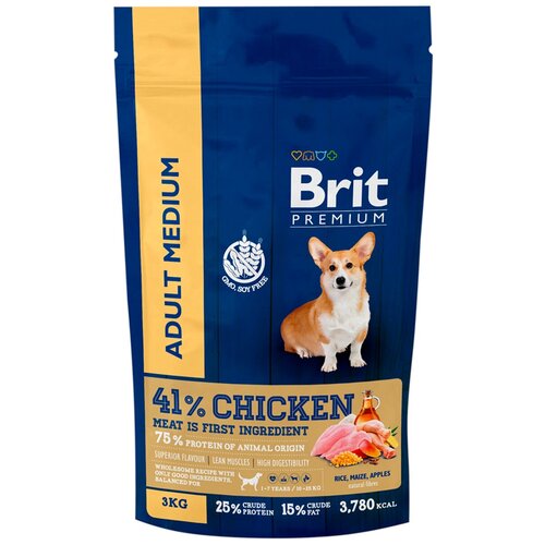 BRIT PREMIUM DOG ADULT MEDIUM для взрослых собак средних пород с курицей (3 кг х 3 шт) фотография