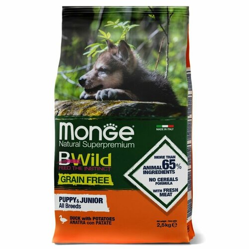 Корм Monge Dog BWild GRAIN FREE Puppy & Junior для щенков, беззерновой, из мяса утки с картофелем 2,5 кг фотография