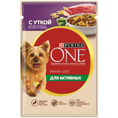 Влажный корм для собак Purina ONE Мини Активная, утка с пастой и зеленой фасолью в подливе 1 уп. х 18 шт. х 85 г (для мелких пород) фотография