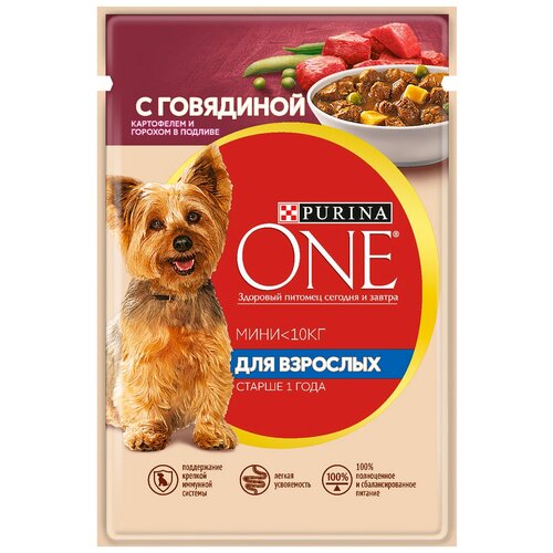 Влажный корм для собак Purina ONE Мини Взрослая, говядина с картофелем и горохом в подливе 1 уп. х 1 шт. х 85 г (для мелких и средних пород) фотография