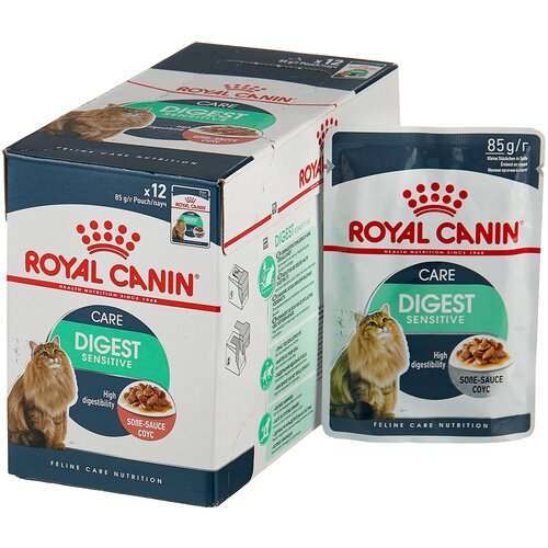 фотография корм для кошек Royal Canin Digest Sensitive, при проблемах с ЖКТ, при чувствительном пищеварении 12 шт. х 85 г (кусочки в соусе), купить онлайн 1470 рубл