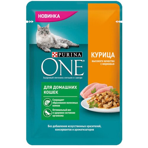 фотография Влажный корм для кошек Purina ONE для живущих в помещении, с курицей, с морковью 75 г (кусочки в соусе), купить онлайн 85 рубл