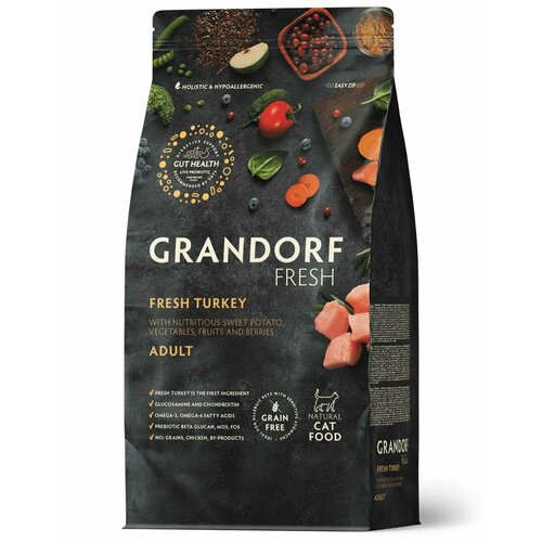 Сухой Беззерновой корм Grandorf Fresh с живыми пробиотиками. Для взрослых кошек с чувствительным пищеварением или склонных к аллергии, с мясом индейки и бататом 400 г фотография