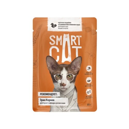 Влажный корм для взрослых кошек и котят Smart Cat Кусочки индейки со шпинатом в нежном соусе 2 шт. х 85 г (кусочки в соусе) фотография