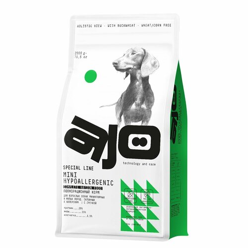 AJO Dog Mini Hypoallergenic Сухой корм с гречкой для собак малых пород, склонных к аллергиям 2кг фотография