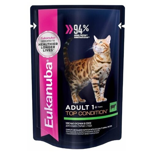 Влажный корм для кошек Eukanuba Top Condition, для здоровья кожи и блеска шерсти, с говядиной 8 шт. х 85 г (кусочки в соусе) фотография