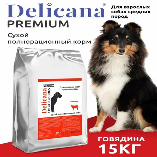 DELICANA Корм сухой для собак средних пород с говядиной, 15 кг фотография