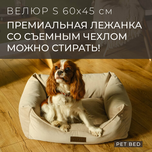 Лежанка для собак мелких пород со съемным чехлом PET BED Велюр, размер S 60х45 см, бежевая фотография