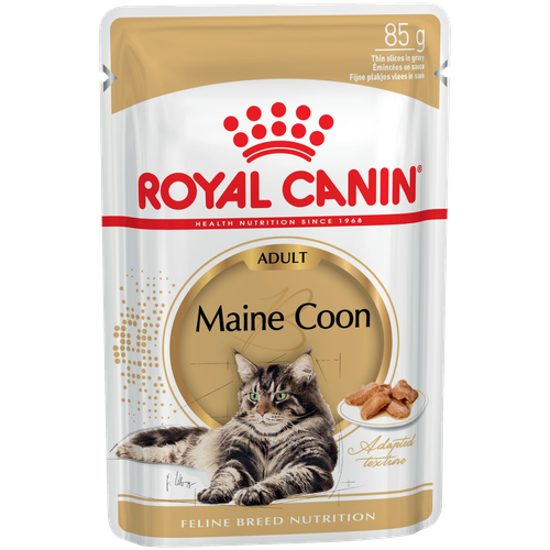 фотография Влажный корм для взрослых кошек Royal Canin Мейн-кун, для здоровья кожи и блеска шерсти, мясное ассорти 85 г (кусочки в соусе), купить онлайн 85 рубл