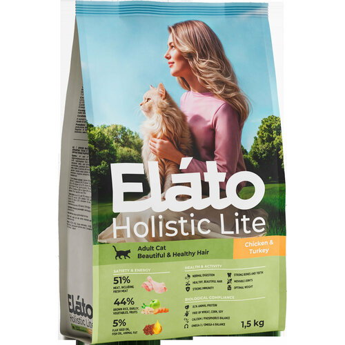 Корм Elato Holistic Lite для взрослых кошек с курицей и индейкой для здоровой шерсти, 1,5 кг фотография