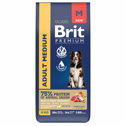 Brit Premium Dog Adult Medium сухой корм для взрослых собак средних пород (10-25 кг), с индейкой и телятиной - 15 кг фотография