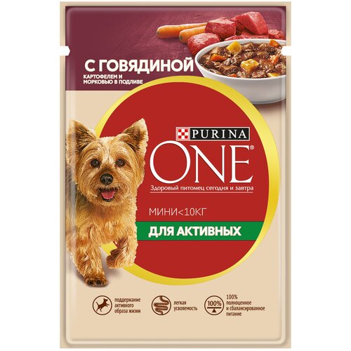 фотография Влажный корм для собак Purina ONE для активных животных, говядина, с картофелем и морковью в подливе 1 уп. х 26 шт. х 100 г (для мелких пород), купить онлайн 1020 рубл