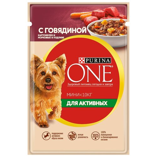 Влажный корм для собак Purina ONE для активных животных, говядина, с картофелем и морковью в подливе 1 уп. х 2 шт. х 85 г (для мелких пород) фотография