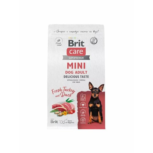 Сухой корм для собак мини пород Brit Care Adult mini Delicious Taste индейка утка 1,5 кг фотография