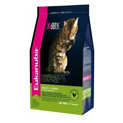 EUKANUBA ADULT HAIRBALL INDOOR 400 гр сухой корм для взрослых кошек живущих в помещении и способствующий выведению шерсти с домашней птицей 5шт фотография