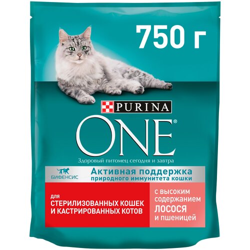 фотография Сухой корм Purina ONE® для стерилизованных кошек и кастрированных котов с лососем 750 г, купить онлайн 400 рубл