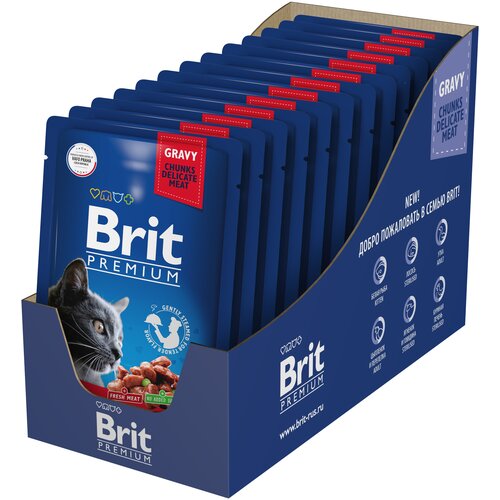 Влажный корм для кошек Brit Premium, беззерновой, с говядиной, с горошком 14 шт. х 85 г (кусочки в соусе) фотография