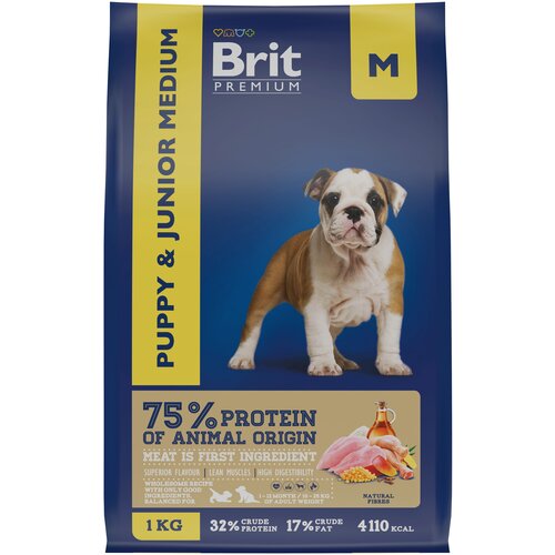 Сухой корм для щенков и молодых собак Brit Premium Puppy and Junior Medium с курицей 1 уп. х 1 шт. х 1000 г фотография