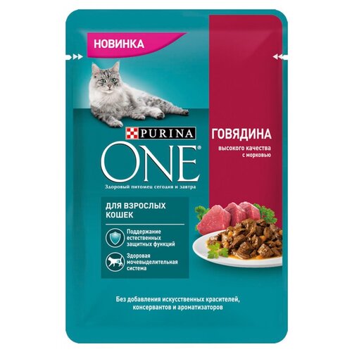 фотография корм для кошек Purina ONE говядина, с морковью 75 г (кусочки в соусе), купить онлайн 85 рубл