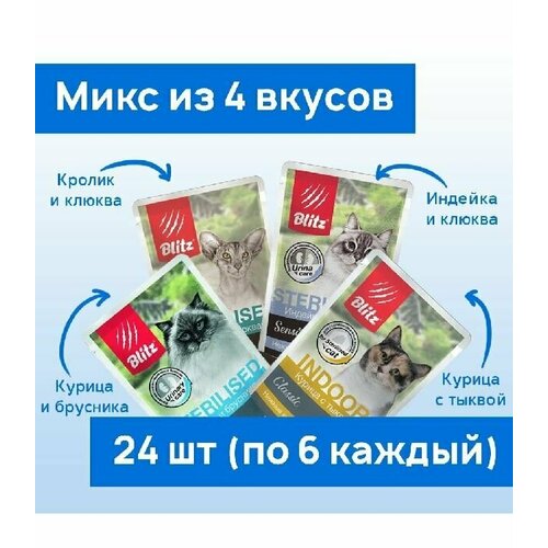 Влажный корм для стерилизованных кошек микс из 4 вкусов Blitz 85г*24шт Курица, индейка, кролик фотография