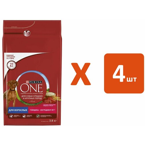 PURINA ONE для взрослых собак средних и крупных пород с говядиной и рисом (3,8 кг х 4 шт) фотография