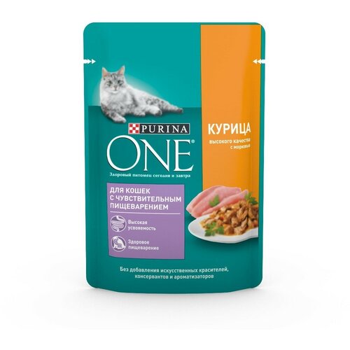 фотография Влажный корм для кошек Purina ONE при чувствительном пищеварении, с курицей, с морковью 75 г (кусочки в соусе), купить онлайн 85 рубл